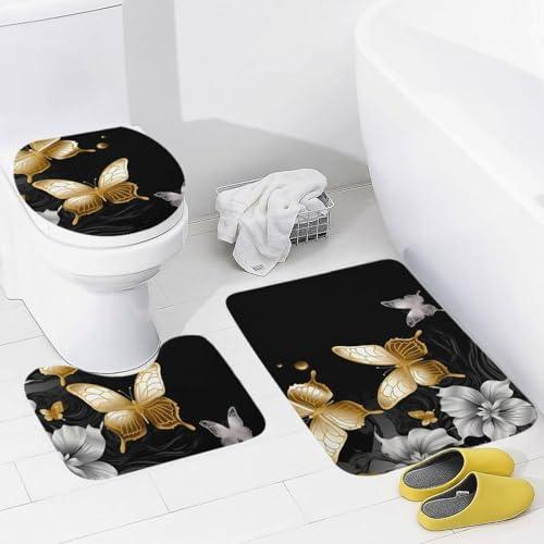 【並行輸入品】 Bathroom Rugs Sets 3 Piece Absorbent Bath Mat Gold White Butterf