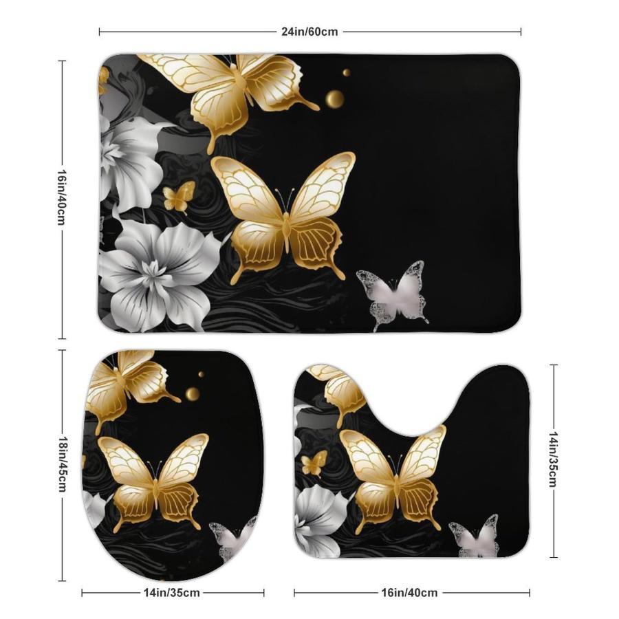 【並行輸入品】 Bathroom Rugs Sets 3 Piece Absorbent Bath Mat Gold White Butterf
