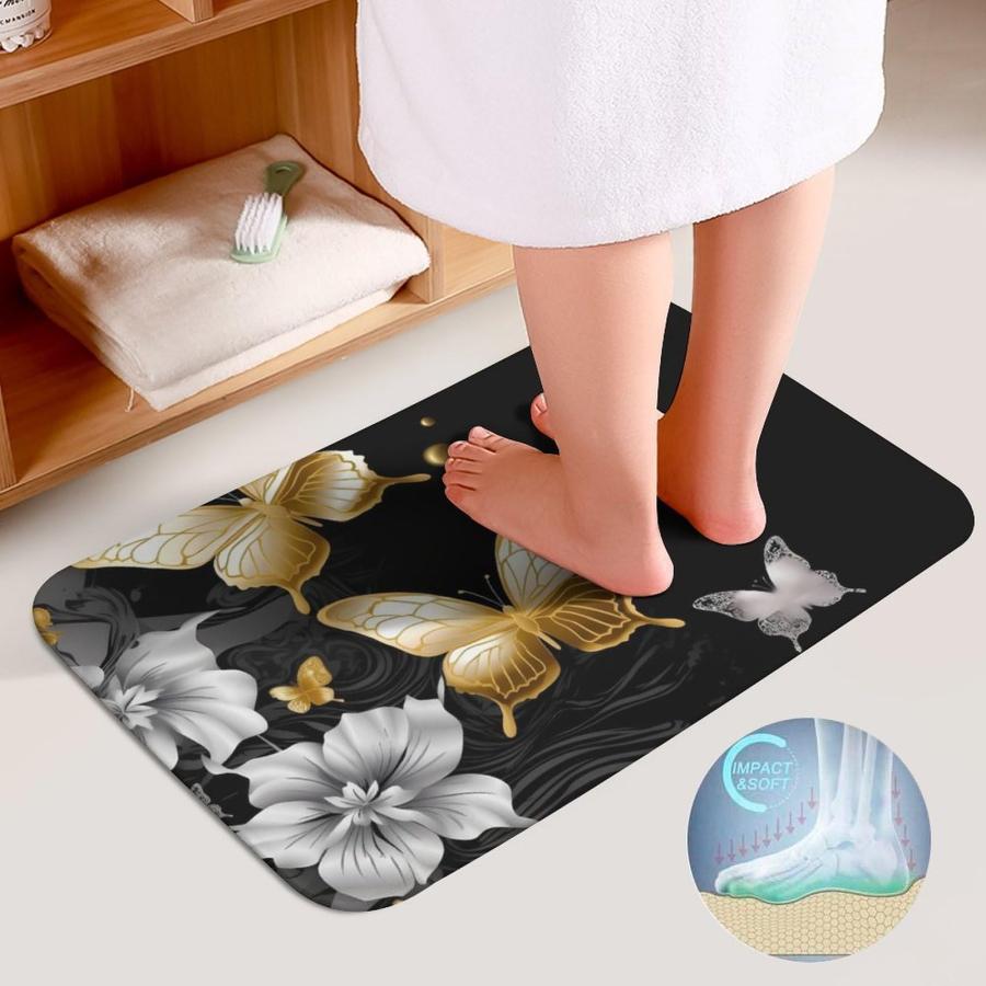 【並行輸入品】 Bathroom Rugs Sets 3 Piece Absorbent Bath Mat Gold White Butterf