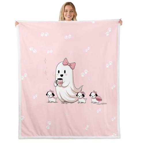 【並行輸入品】 Feelyou Cute Bow Ghost Pink Sherpa Blanket Kawaii Ghost with Dog_1