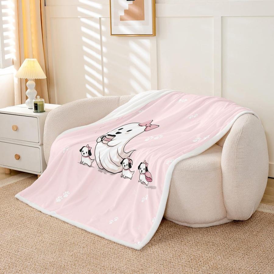 【並行輸入品】 Feelyou Cute Bow Ghost Pink Sherpa Blanket Kawaii Ghost with Dog_6
