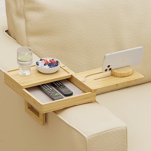【並行輸入品】Wealone 竹製カウチアームトレイ 回転可能なトレイ2個付き 調節可能なソファアームクリップテーブル 収納ボックス&360°電_1