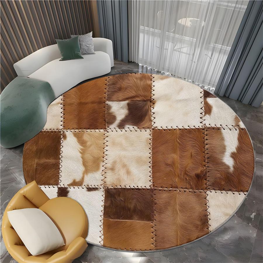 【並行輸入品】 7' x 7' Round Area Rugs Machine Washable， Cowhide Patchwork Stri_3