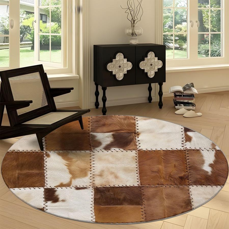 【並行輸入品】 7' x 7' Round Area Rugs Machine Washable， Cowhide Patchwork Stri_6
