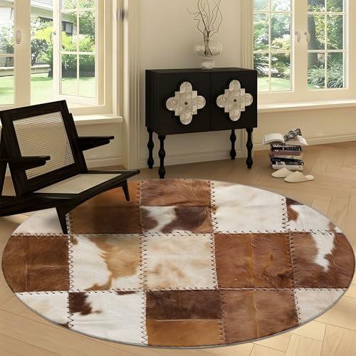 【並行輸入品】 7' x 7' Round Area Rugs Machine Washable， Cowhide Patchwork Stri_7