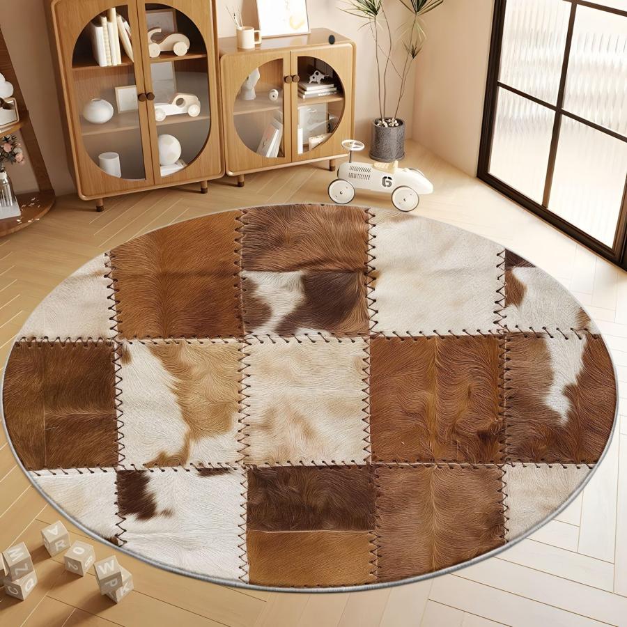 【並行輸入品】 7' x 7' Round Area Rugs Machine Washable， Cowhide Patchwork Stri_9