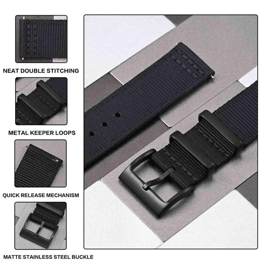 【並行輸入品】[Anbeer] 22mm 時計バンド ナイロン ツーピース式 クイックリリーズ替えベルト メタル製ループ付き ブラック ブラック_6