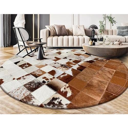 並行輸入品】 Round Cowhide Leather Rug 3x3 ft Natural Brown
