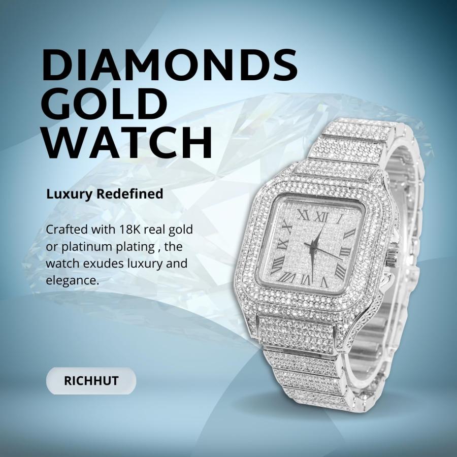 【並行輸入品】richhut ダイヤモンドウォッチ メンズ メンズ アイスアウト 幅20mm リストバンド 18K リアルゴールド/ホワイトゴーの画像