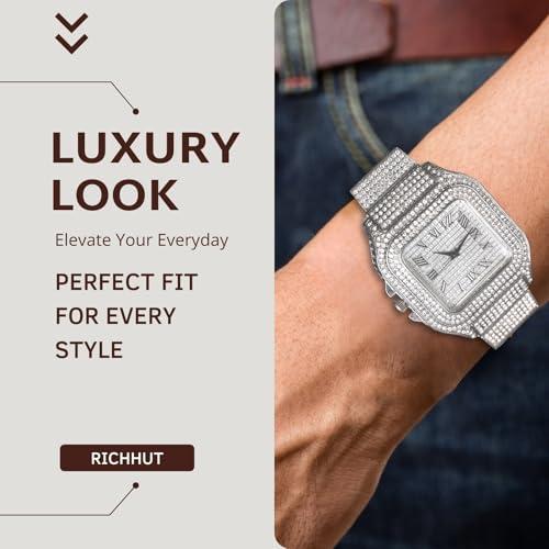 【並行輸入品】richhut ダイヤモンドウォッチ メンズ メンズ アイスアウト 幅20mm リストバンド 18K リアルゴールド/ホワイトゴーの画像