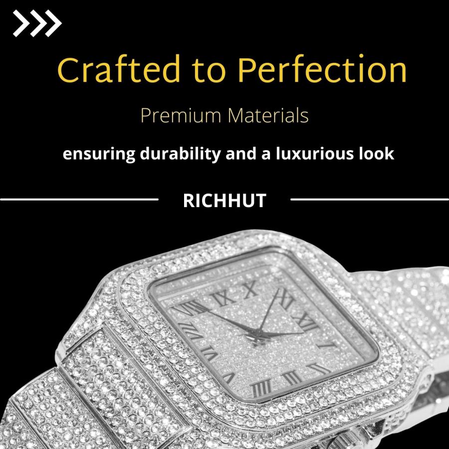 【並行輸入品】richhut ダイヤモンドウォッチ メンズ メンズ アイスアウト 幅20mm リストバンド 18K リアルゴールド/ホワイトゴーの画像