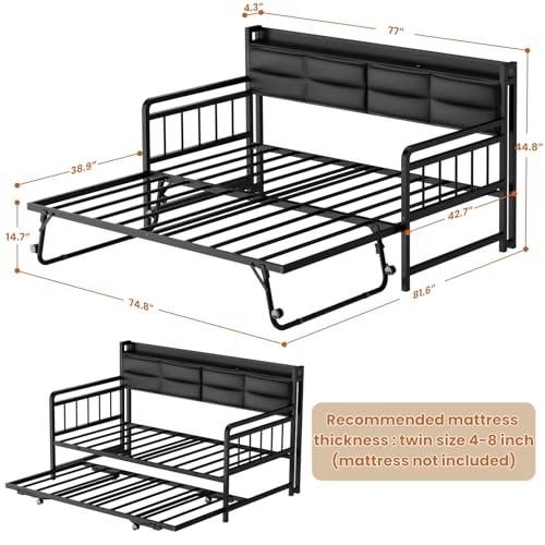 【並行輸入品】Homieasy デイベッド 布張りのヘッドボードと充電ステーション付き ツインデイベッド トランドル付き 頑丈な金属製ポップアッ