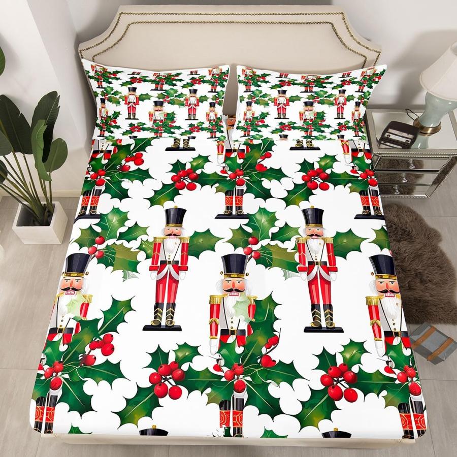 【並行輸入品】Feelyou クリスマスシーツセット くるみ割り人形 クイーンサイズシーツ 深いポケット付き ボックスシーツ スノーフレーク ベ_3