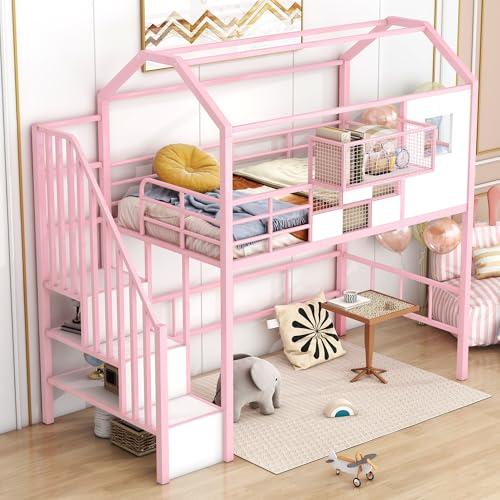 【並行輸入品】 Twin House Loft Bed with Slide and Stairs， Metal Playhouse Bed w_1