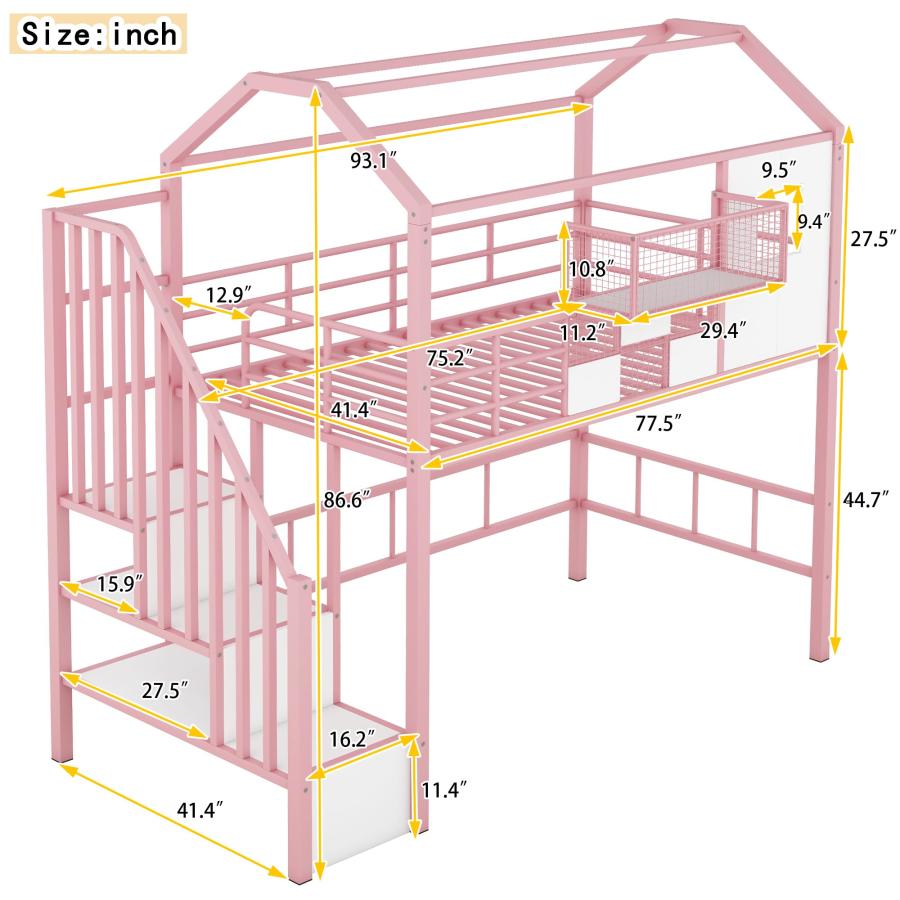 【並行輸入品】 Twin House Loft Bed with Slide and Stairs， Metal Playhouse Bed w_3