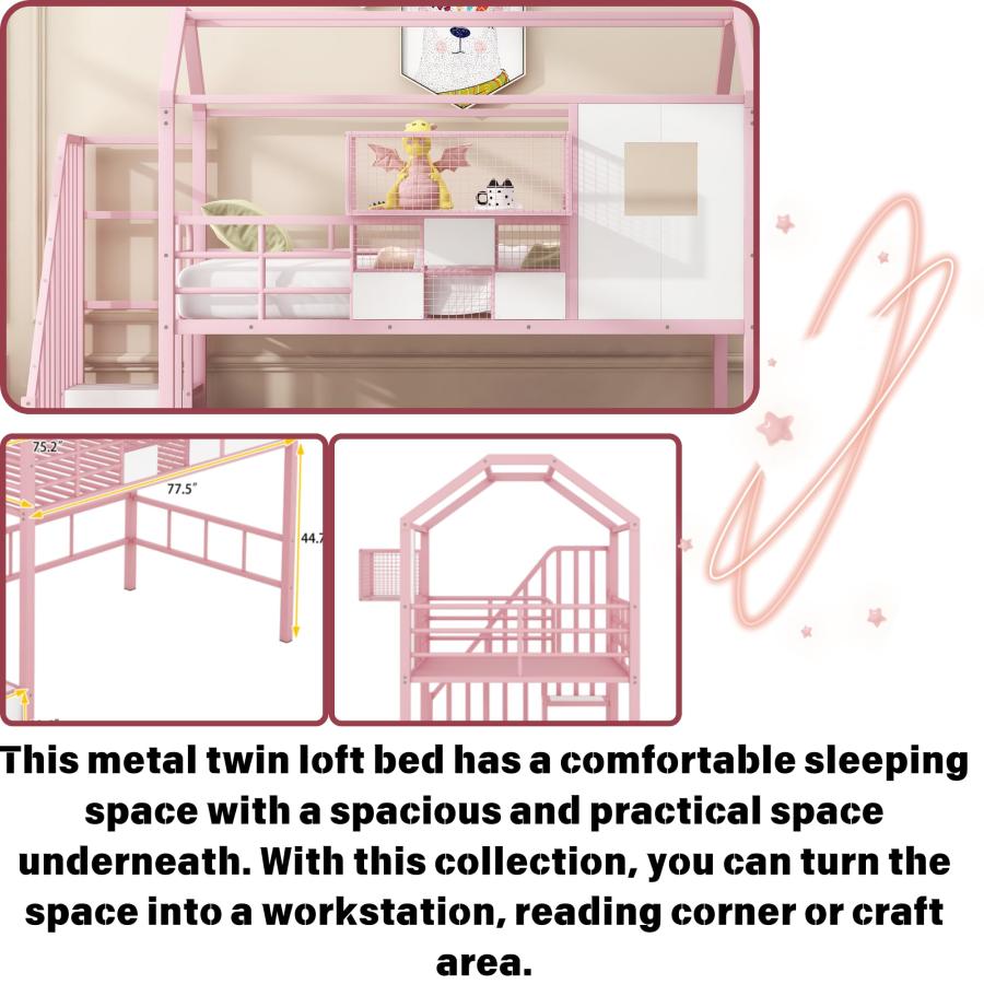 【並行輸入品】 Twin House Loft Bed with Slide and Stairs， Metal Playhouse Bed w_6