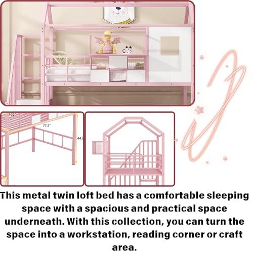 【並行輸入品】 Twin House Loft Bed with Slide and Stairs， Metal Playhouse Bed w_7