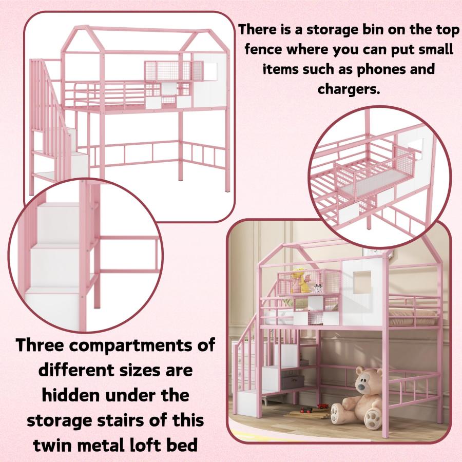 【並行輸入品】 Twin House Loft Bed with Slide and Stairs， Metal Playhouse Bed w_9