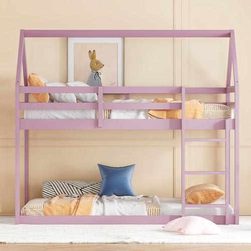【並行輸入品】 DNChuan Twin Over Twin Floor Bunk Bed for Kids，House Bunk Bed wi_1