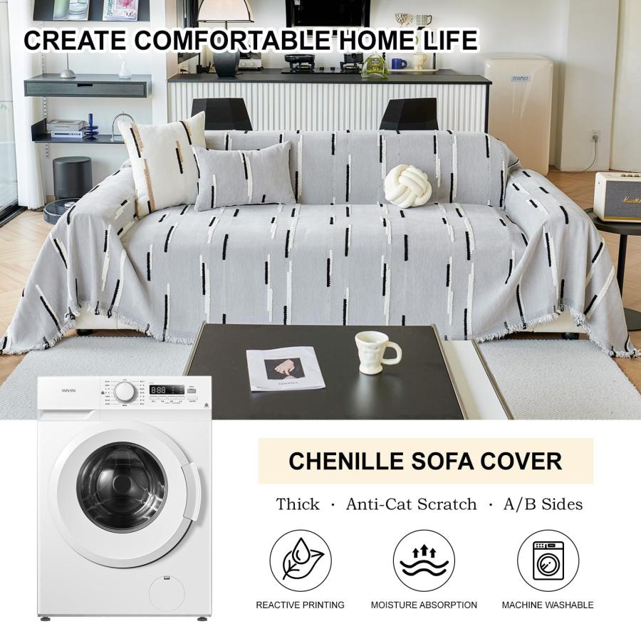 【並行輸入品】STACYPIK ライトグレー シェニール ソファカバー ブラック/ホワイトストライプ 傷防止 ペット耐性 家具プロテクター 滑り_3