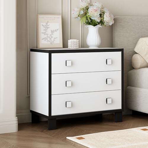 【並行輸入品】 WOODTIME Modern Nightstand with 3 Drawers， Wooden Night Stand Be