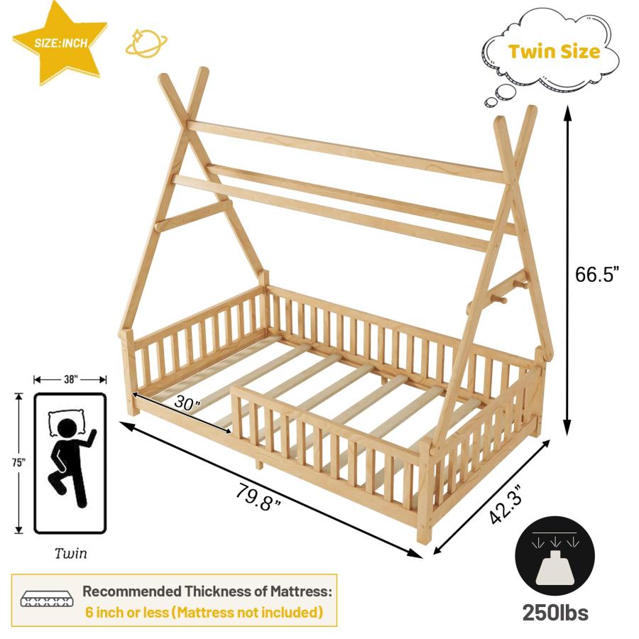 【並行輸入品】 MoproBeti Twin House Bed with Light，Wood Twin Montessori FloorBe_3
