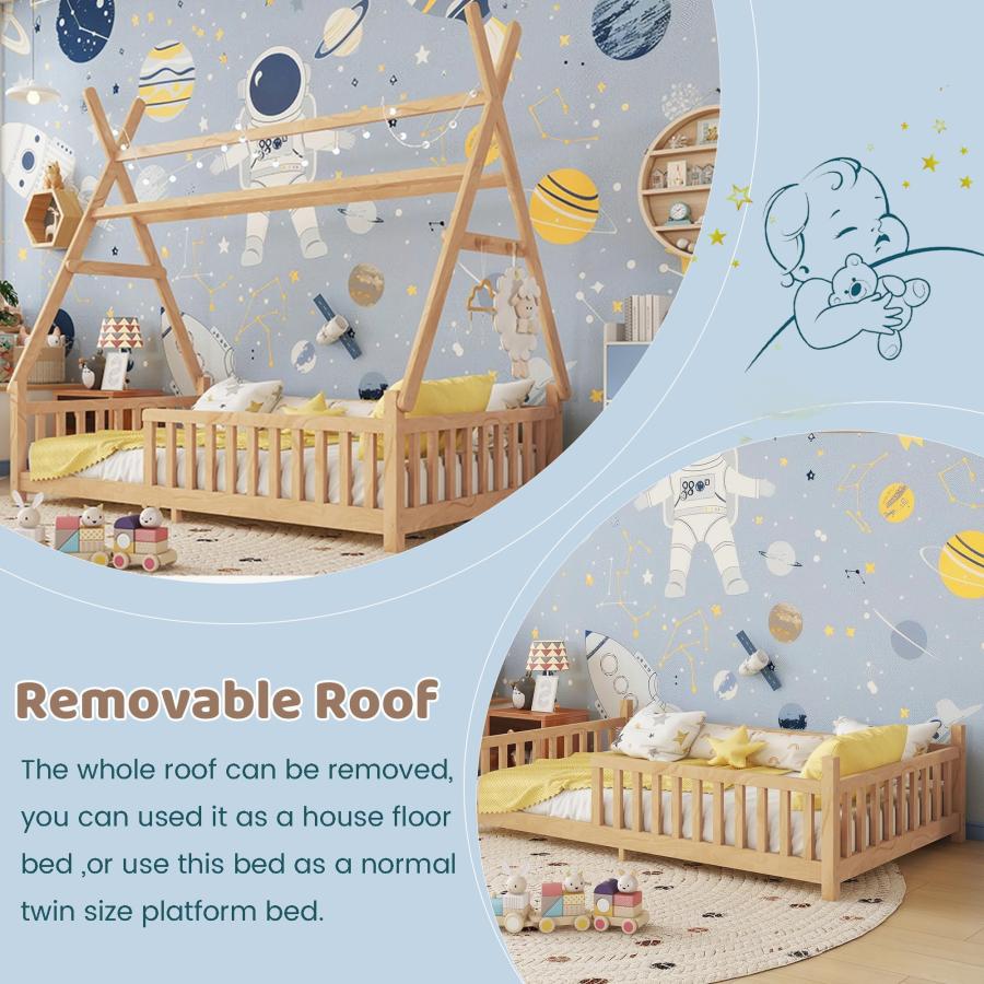 【並行輸入品】 MoproBeti Twin House Bed with Light，Wood Twin Montessori FloorBe_9