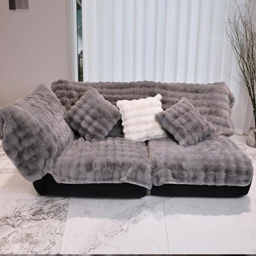 【並行輸入品】 Thick Plush Faux Rabbit Fur Sofa Slipcovers 1 Piece Non Slip War
