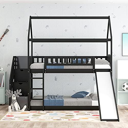 【並行輸入品】 House Bunk Bed with Slide Compatible with, Twin Over Twin Bunk Bの画像