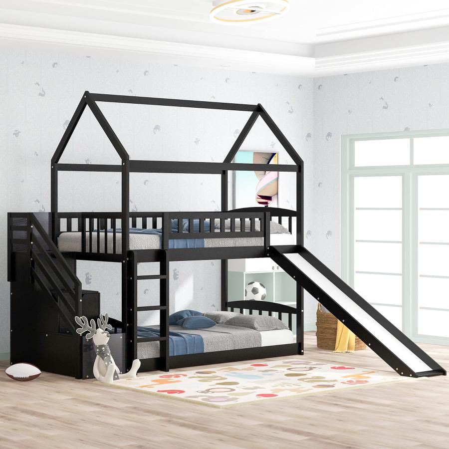 【並行輸入品】 House Bunk Bed with Slide Compatible with, Twin Over Twin Bunk Bの画像
