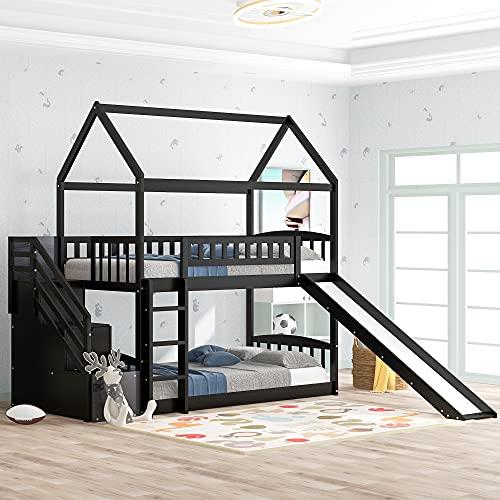 【並行輸入品】 House Bunk Bed with Slide Compatible with, Twin Over Twin Bunk Bの画像