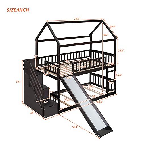 【並行輸入品】 House Bunk Bed with Slide Compatible with, Twin Over Twin Bunk Bの画像