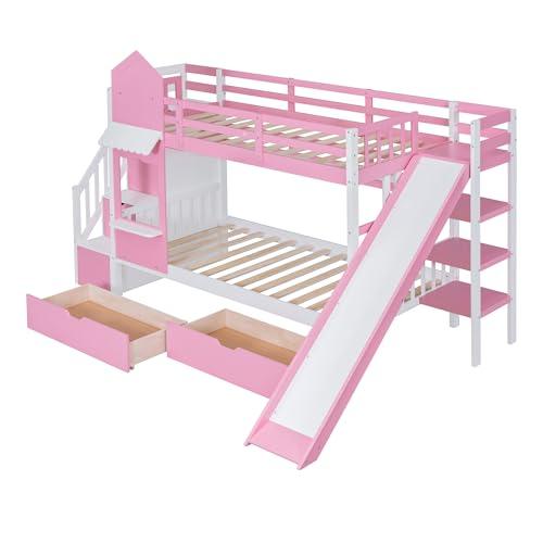【並行輸入品】 Merax Twin Over Twin Bunk Bed with 2 Drawers and 3 Shelves, Castの画像
