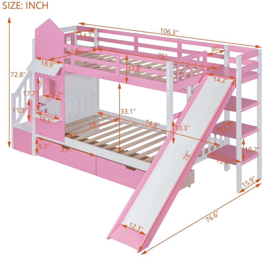 【並行輸入品】 Merax Twin Over Twin Bunk Bed with 2 Drawers and 3 Shelves, Castの画像