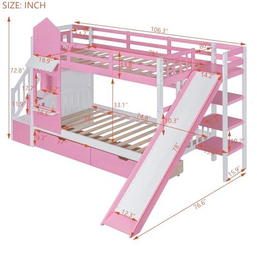 【並行輸入品】 Merax Twin Over Twin Bunk Bed with 2 Drawers and 3 Shelves, Castの画像