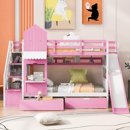 【並行輸入品】 Merax Twin Over Twin Bunk Bed with 2 Drawers and 3 Shelves, Castの画像