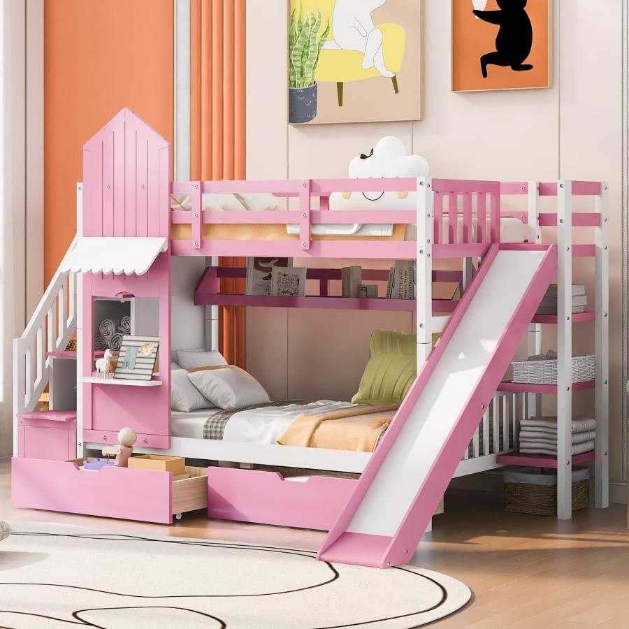 【並行輸入品】 Merax Twin Over Twin Bunk Bed with 2 Drawers and 3 Shelves, Castの画像