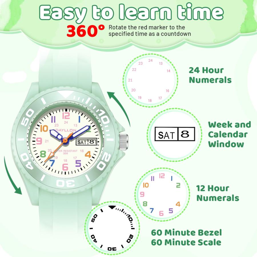 【並行輸入品】Dayllon 子供用腕時計、30m防水、週とカレンダーウォッチ、5~12歳の子供への誕生日クリスマスギフト， グリーン Dayl_3