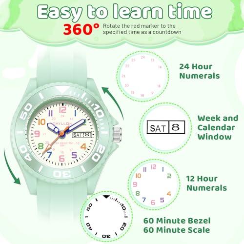 【並行輸入品】Dayllon 子供用腕時計、30m防水、週とカレンダーウォッチ、5~12歳の子供への誕生日クリスマスギフト， グリーン Dayl_4