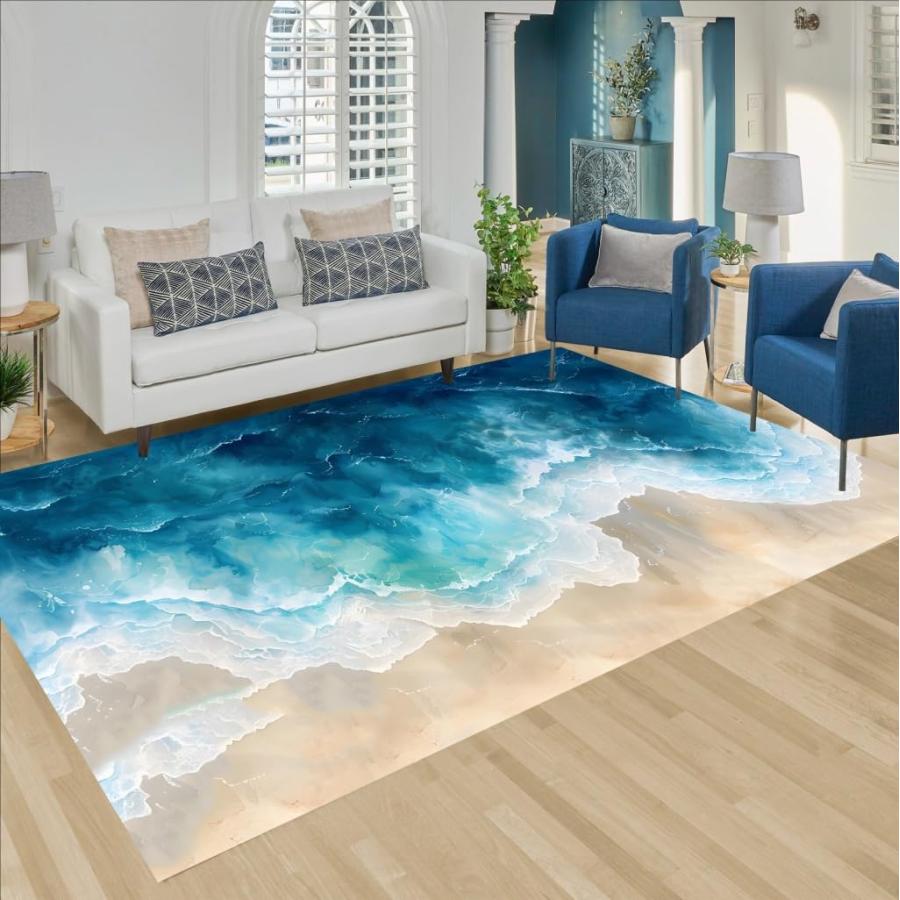 【並行輸入品】 Turquoise Beige Tan Ocean Waves Pattern Unique Cute Area Rug 8x1