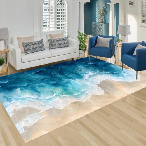 【並行輸入品】 Turquoise Beige Tan Ocean Waves Pattern Unique Cute Area Rug 8x1