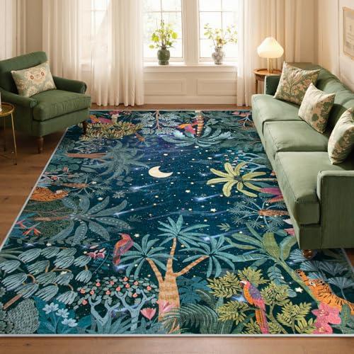 【並行輸入品】 Lahome Midnight Jungle Green Rug， Washable 8x10 Rugs for Bedroom