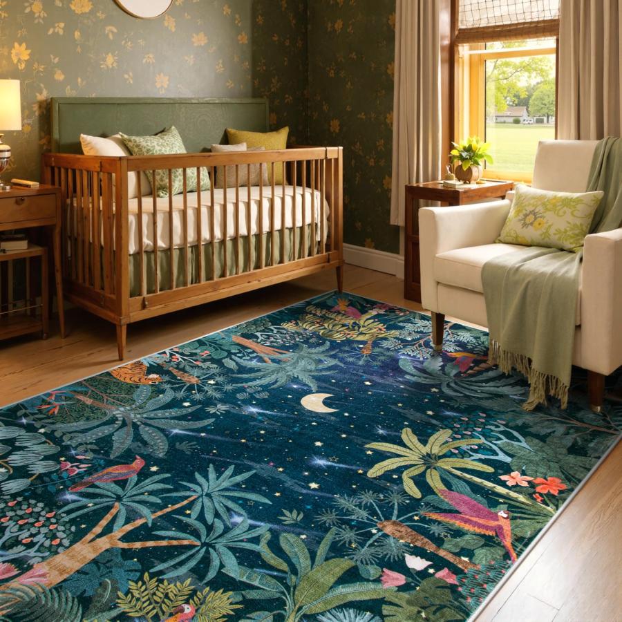 【並行輸入品】 Lahome Midnight Jungle Green Rug， Washable 8x10 Rugs for Bedroom
