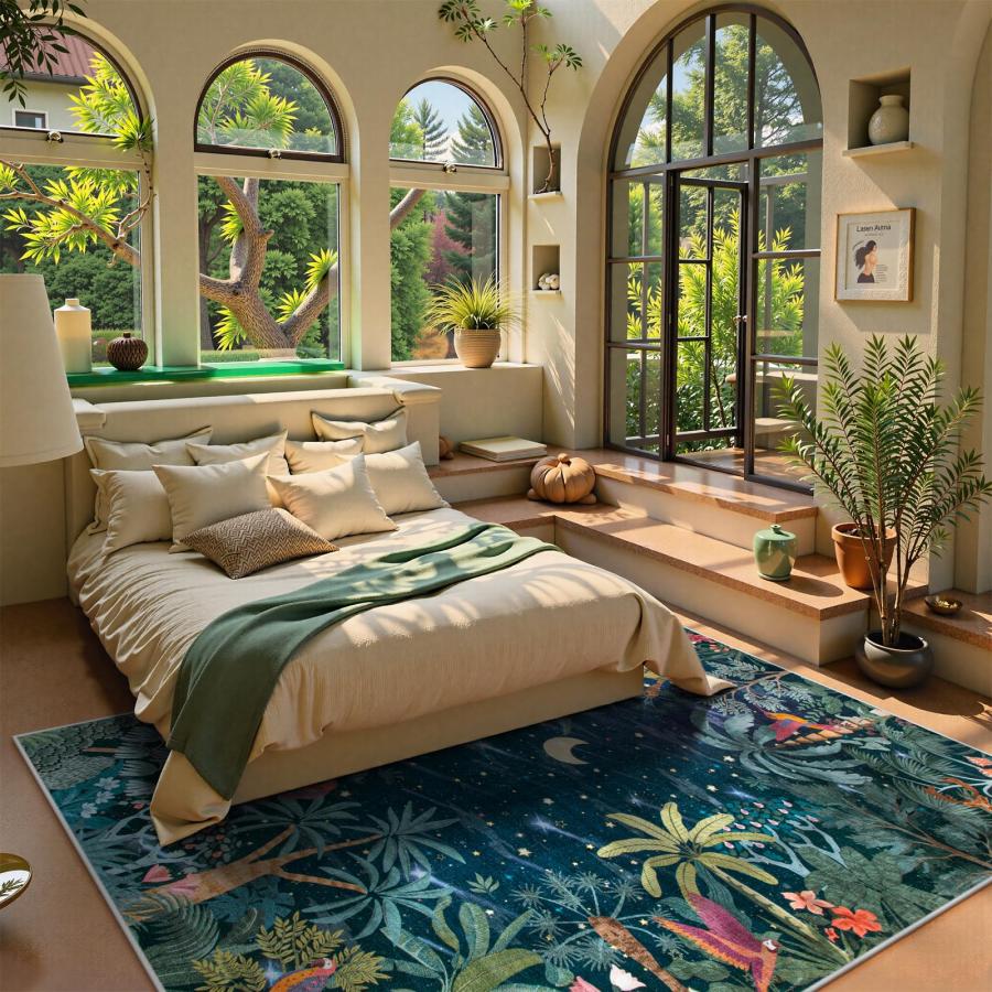 【並行輸入品】 Lahome Midnight Jungle Green Rug， Washable 8x10 Rugs for Bedroom