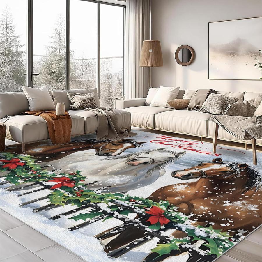 【並行輸入品】 Christmas Horse Rug， 3x5 Rug， Xmas Animals Rugs for Entryway， Wa_3