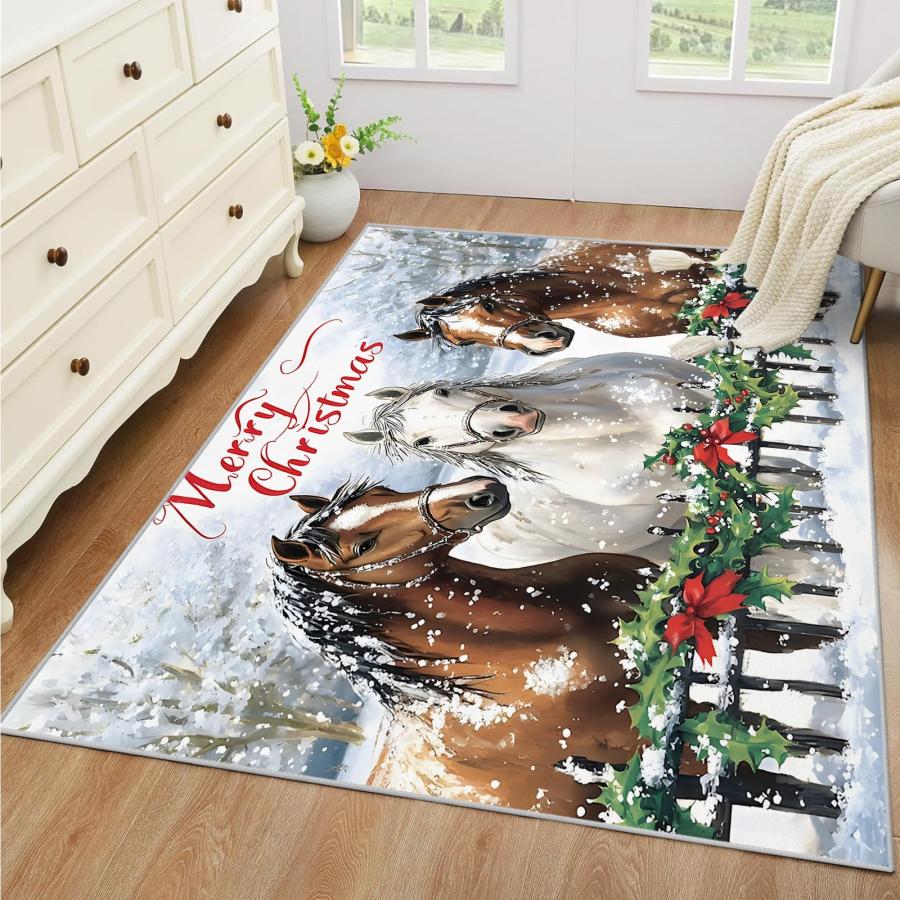 【並行輸入品】 Christmas Horse Rug， 3x5 Rug， Xmas Animals Rugs for Entryway， Wa_6
