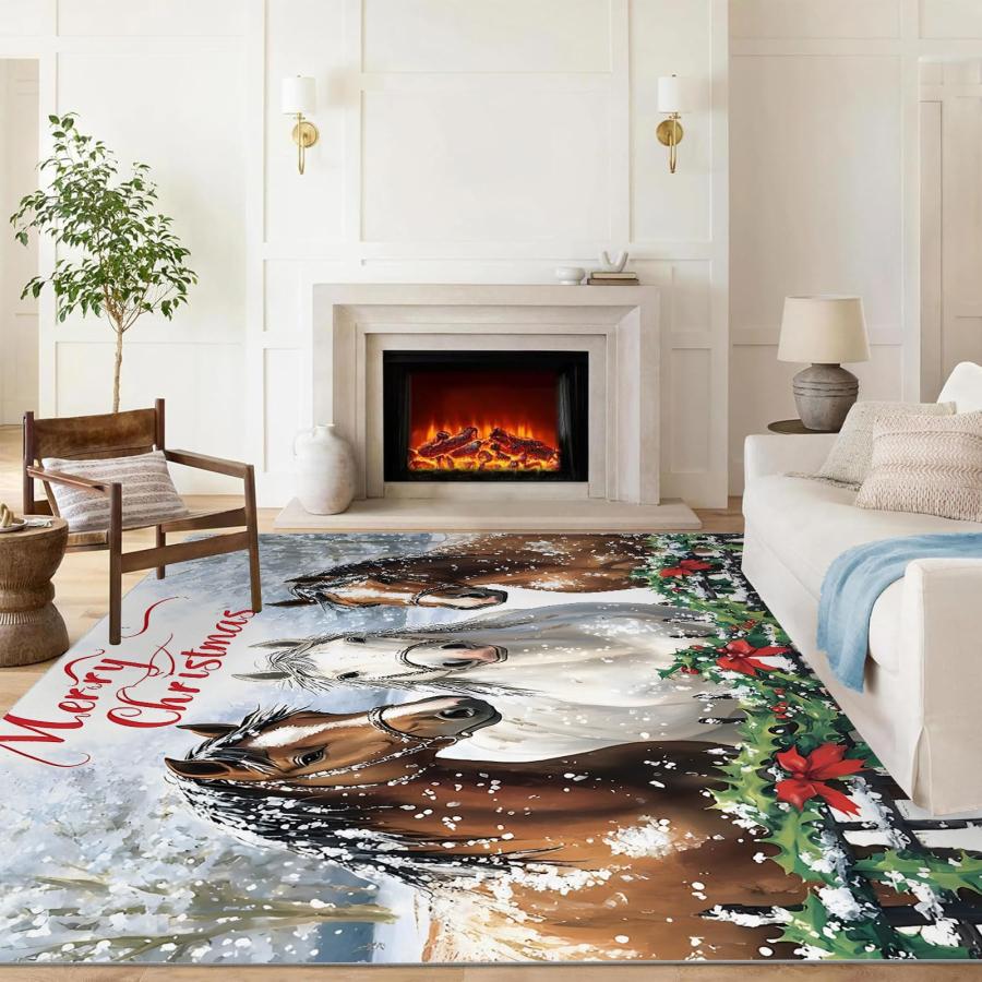 【並行輸入品】 Christmas Horse Rug， 3x5 Rug， Xmas Animals Rugs for Entryway， Wa_9