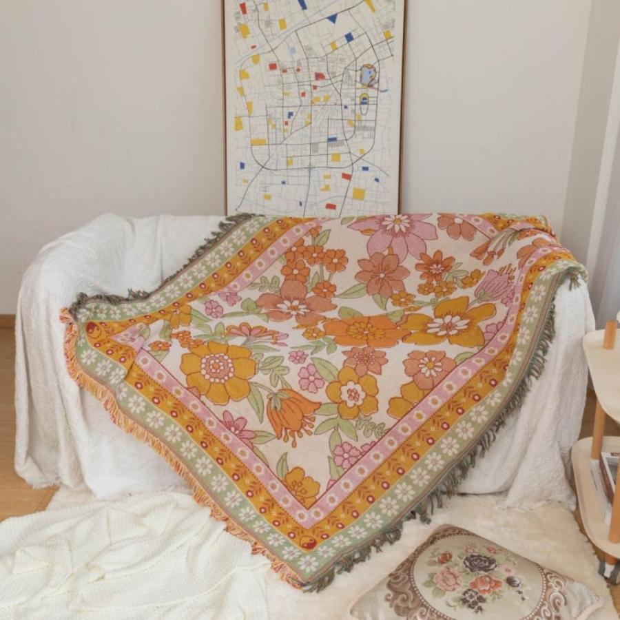 【並行輸入品】万能なフローラルスローブランケット ソフトで通気性のあるコットン。ソファやベッド用。装飾アートスタイル、洗濯機洗い可。 Ver_9