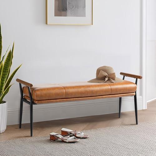 【並行輸入品】 Glitzhome 48''L End of Bed Bench with Rubberwood Handle， Leather_1