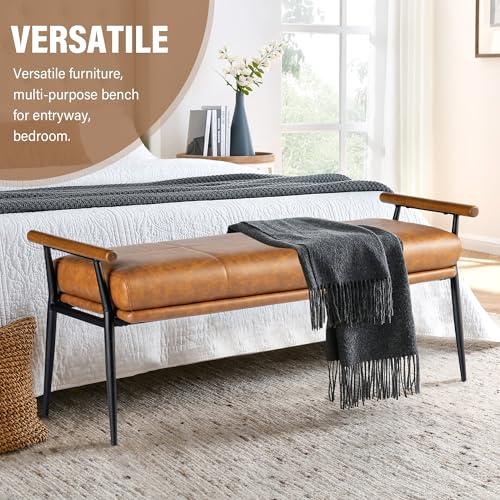 【並行輸入品】 Glitzhome 48''L End of Bed Bench with Rubberwood Handle， Leather_4